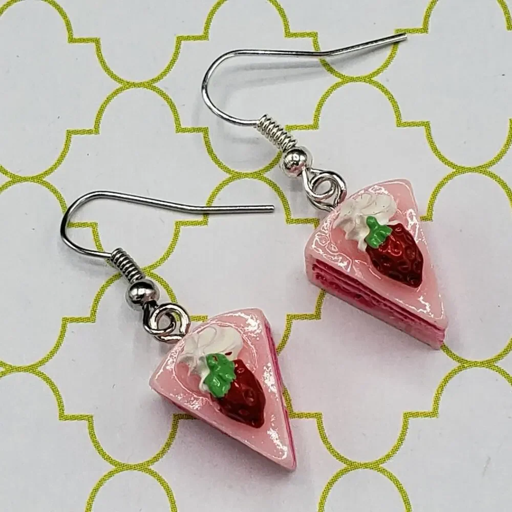 handmade Strawberry layered cake & chocolate donut‎ sweet treat earring set